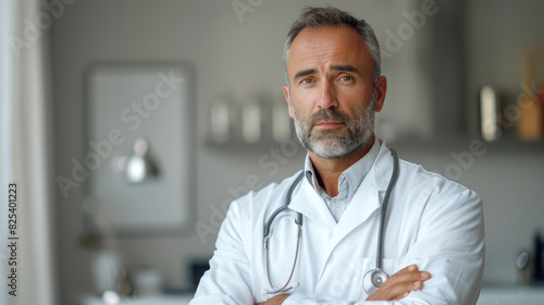 Portrait of a confident doctor with a stethoscope, arms crossed, wearing a white coat against a neutral background. 