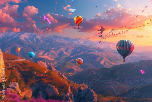 : A breathtaking view of a mountain landscape at dawn, with vibrant, colorful balloons and kites soaring in the sky, symbolizing the joy and festivity of Eid al-Adha.