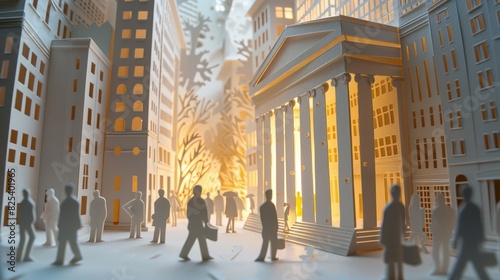 A bustling cityscape with paper figures walking between towering buildings, illuminated by warm, golden light, symbolizing urban life and human connections.