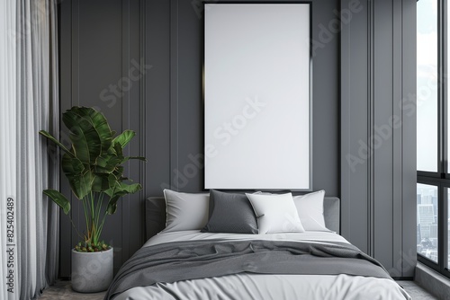 Elegant mockup frame on a grey wardrobe with glossy sliding doors in a minimalist bedroom (selective focus, contemporary decor, futuristic, Overlay, trendy bedroom backdrop)