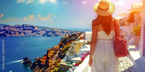 Exploring Santorini Greece: A Happy Tourist in a White Dress During Summer Vacation. Concept Santorini Greece, Travel Fashion, Summer Vacation, Tourist Photoshoot, White Dress