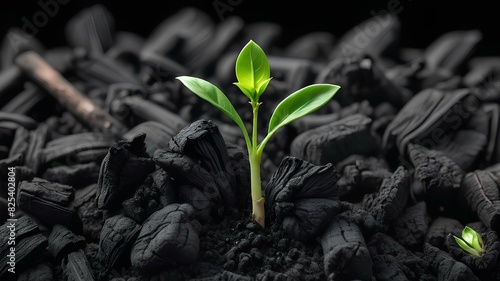 A single green fresh sprout with tiny leaves got out of black coal and dirt. Concept of life and growth after hard situation or fresh starts.