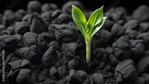 A single green fresh sprout with tiny leaves got out of black coal and dirt. Concept of life and growth after hard situation or fresh starts.