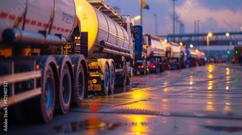 A series of fuel tanker trucks are lined up in an industrial area during the evening, reflecting lights on the wet pavement.