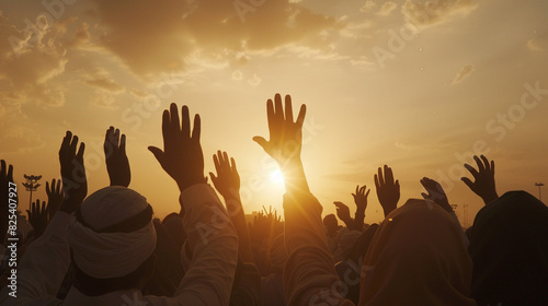 dynamic shot of worshippers raising their hands in Dua supplication after completing Eid Salah invoking blessings and guidance for themselves and their loved ones