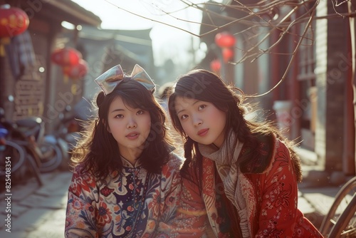 Two young women in vibrant attire highlighting their heritage in a picturesque old street