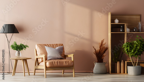 Living room wall mockup with leather armchair and decor on cream color wall background 