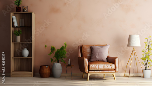 Living room wall mockup with leather armchair and decor on cream color wall background 