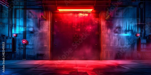 Red Siren on Large Elevator Door in Dark Underground Mechanical Hangar. Concept Dark Setting, Red Siren, Mechanical Hangar, Large Elevator Door, Underground Environment