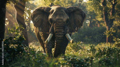 African elephant with big tusks in the forest