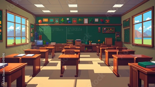 Interior illustration view of a n empty classic classroom with tables, boards, chairs, books etc.