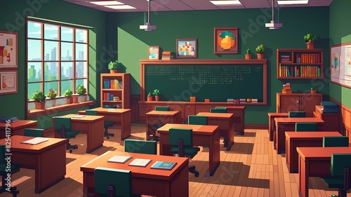 Interior cartoon illustration view of a n empty classic classroom with tables, boards, chairs, books etc.