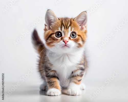 Munchkin breed cat sitting isolated on white background looking at camera.