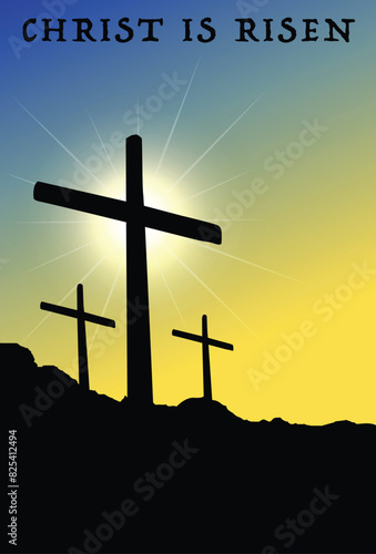 Vector illustration of three crosses on a mountain silhouette against a yellow and blue gradient sky