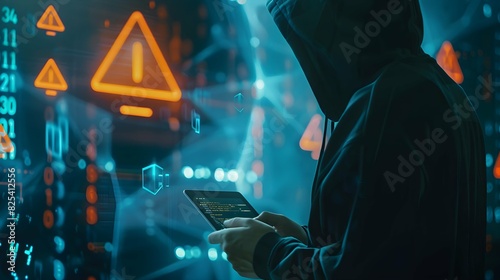 A person in a hoodie using a tablet, with warning symbols and binary code in the background. 