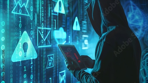 A person in a hoodie using a tablet, with warning symbols and binary code in the background. 