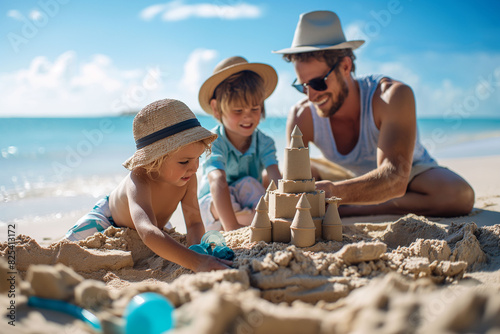 Father and two young children building a sandcastle on a sunny beach. themes of summer, fun. single dad bonding with his kids through playful activities, family love and togetherness.