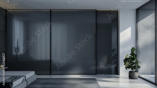 Mockup frame against a grey wardrobe with glossy sliding doors in a modern bedroom (focus on, minimalist design, whimsical, Manipulation, high-end apartment backdrop)