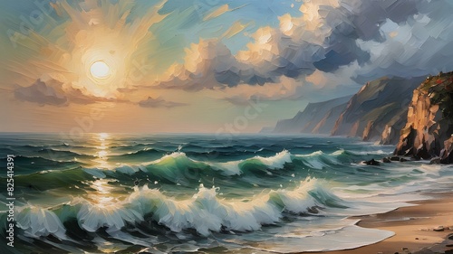 Landscape view of a sea in sunset evening beach beautiful sky oil painting. Artistic nature view of sun by the ocean