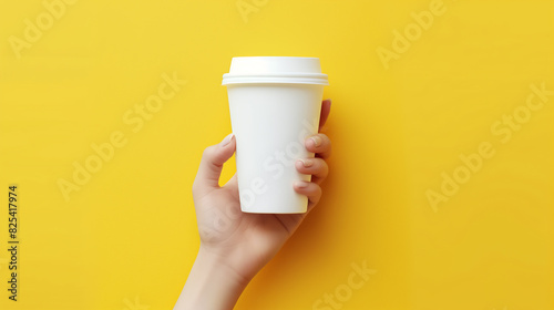 Mão feminina segurando uma maquete de xícara de café branca em branco sobre um fundo amarelo
