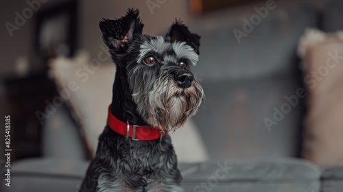 A schnauzer with black and silver fur standing inside wearing a red collar