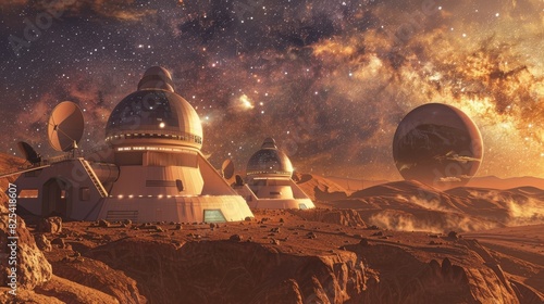 Depiction of a futuristic space observatory on Mars with city and landscape