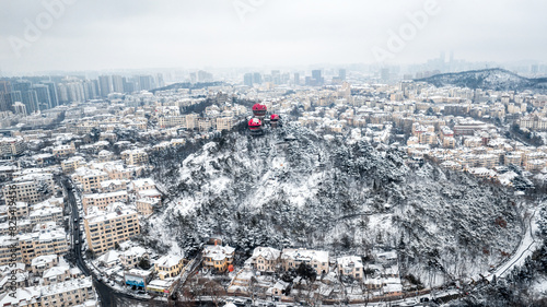 Aerial shot of Qingdao City Snow Scene in Winter, China, Signal Hill Park