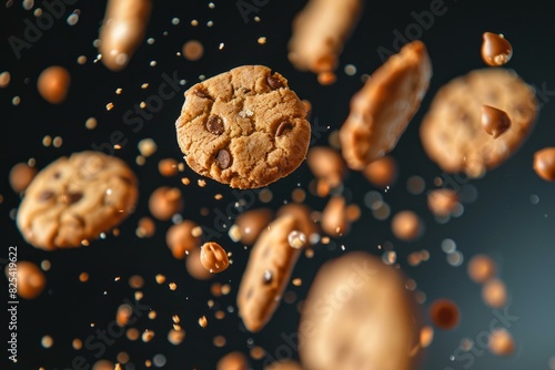 Chocolate chip cookies in midair with flying crumbs and caramel splashes on a dark background