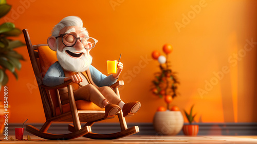 Imagen 3D de un abuelo en una silla tomando un zumo