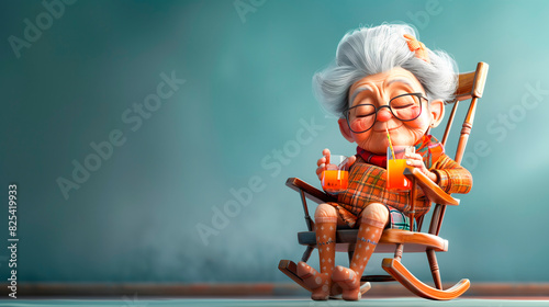 Imagen 3D de una abuela en una silla tomando un zumo