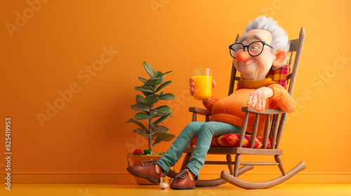 Imagen 3D de un abuelo en una silla tomando un zumo