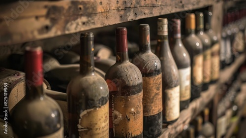 A vintage wine cellar with dusty bottles of rare wine collections, highlighting the history and tradition of winemaking.