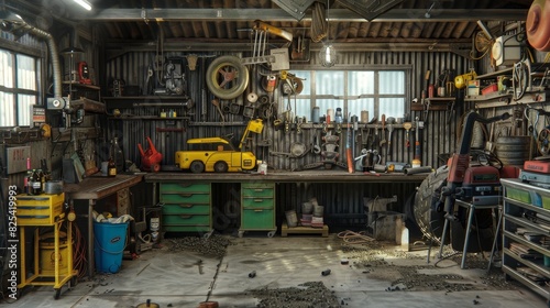 A workshop area in a farm with maintenance tools for repairing tractors and other agricultural machinery.