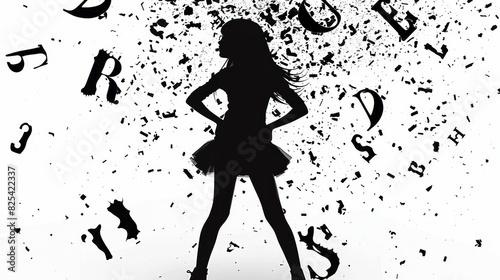 Silhouette of a young girl with her hands on her hips, appearing confident or defiant. She has long hair, a skirt, and what seems to be a sleeveless top