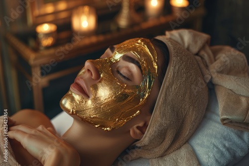 Luxurious Spa Treatment with Gold Facial Mask in Relaxing Candlelit Ambiance - Perfect for Skincare and Wellness Promotions