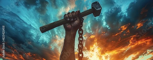 A powerful image of a hand breaking free from chains, holding a hammer against a dramatic sky, symbolizing freedom and strength.