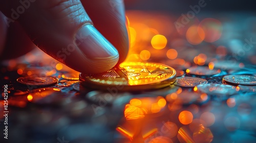 Close-up of a hand picking up a golden coin from a pile of coins, illuminated with warm bokeh lights.