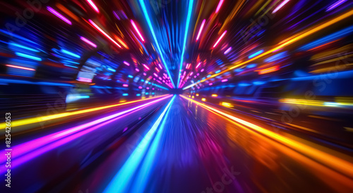 3d Render, Blue, purple, Orange, yellow, red, green light line through dark background, hyper speed warp in space. neon lights