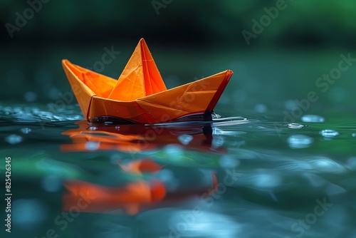 A single orange paper boat floats on a calm, green pond, reflecting on the water.