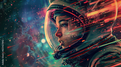 Young woman wearing spacesuit, portrait of girl in helmet for futuristic space travel on stars background. Concept of scifi, astronaut, art, future, fantasy.