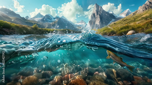 Mountain landscape with freshwater and wild trout or salmon swimming under water, scene of fish underwater in river. Concept of wildlife, stream, nature, habitat