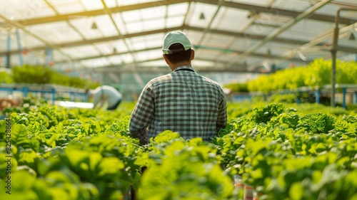 Inside a climate-controlled greenhouse, a technician inspects rows of hydroponic plants, each monitored and nurtured by advanced agricultural technology