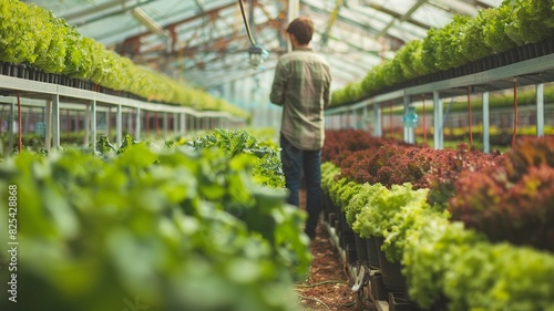 Inside a climate-controlled greenhouse, a technician inspects rows of hydroponic plants, each monitored and nurtured by advanced agricultural technology