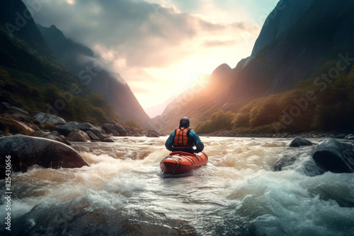 A colorful landscape in the rays of the setting sun. A man kayaks in a vest along a stormy wide river among beautiful landscapes of forests and high mountains.