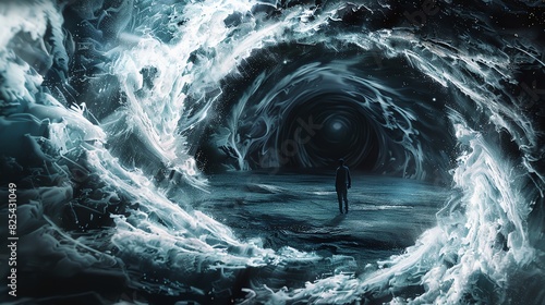 A lone figure stands amidst a surreal, swirling vortex of light and dark energy in a mysterious, otherworldly landscape.