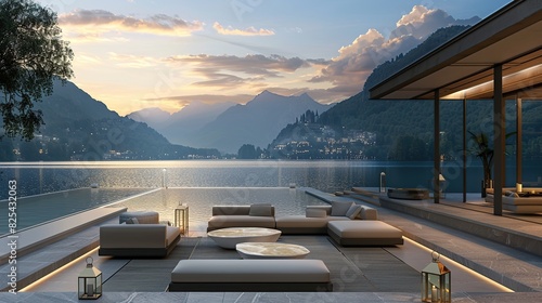 An opulent outdoor lounge overlooking a serene lake and mountains at dawn.for luxury travel and real estate