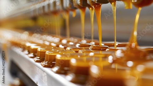 Caramel pouring over a production line of desserts in a factory