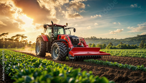 A tractor plows a field. Red tractor on a plantation at sunset. Field work. Selective focus. AI generated