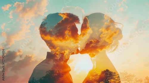 A captivating double exposure image blending two lovers with a majestic sunset
