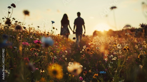 A silhouette of a couple walking hand in hand through a field of wildflowers
